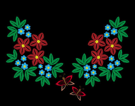Red and blue flower with butterfly embroidery stitches imitation. Floral pattern for neck line on black background. Embroidery vector.のイラスト素材