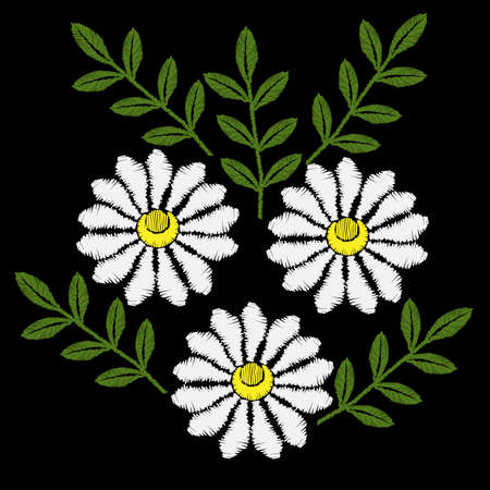 White Chamomile flower embroidery stitches imitation. Chamomiles embroidery vector. Beautiful spring flowers on black background. Template for clothes, textiles, t-shirt designのイラスト素材