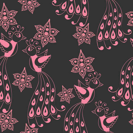 Fancy bird and flower seamless pattern. Vintage style ornament with line bird and flower. Vector fancy motives of stylish vintage fabric patterns.のイラスト素材