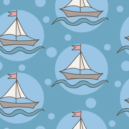 Seamless pattern with colorful ship with flag and wave on blue background. Can be used for printing on fabric, for wrapping paper and for the background of the site.のイラスト素材