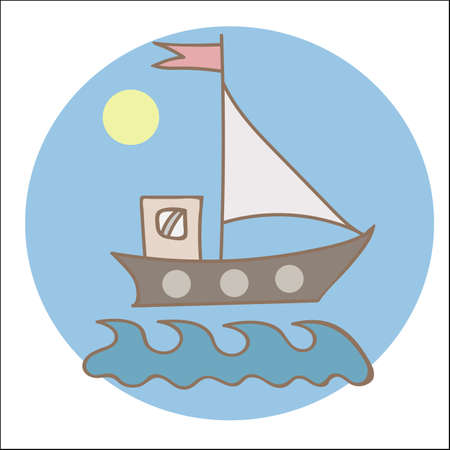 Soft color ship with flag and sun for coloring book and other child design. Simple boat with wave isolated on the white background.のイラスト素材