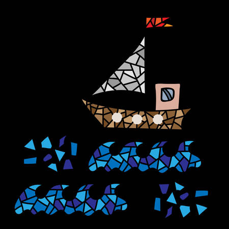 Polygonal style ship isolated on the black background. Design colorful element for logo, label, emblem, sign, poster, t-shirt print. Vector illustration.のイラスト素材