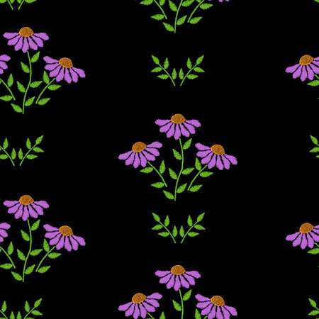 Seamless pattern with embroidery stitches imitation flower and green leaf illustration. Floral embroidery pattern vector background for printing on fabric, paper for scrapbook, gift wrap and wallpapers.のイラスト素材