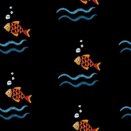 Seamless pattern with embroidery stitches imitation fish and wave illustration. Marine embroidery pattern vector background for printing on fabric, paper for scrapbook, gift wrap and wallpapers.のイラスト素材