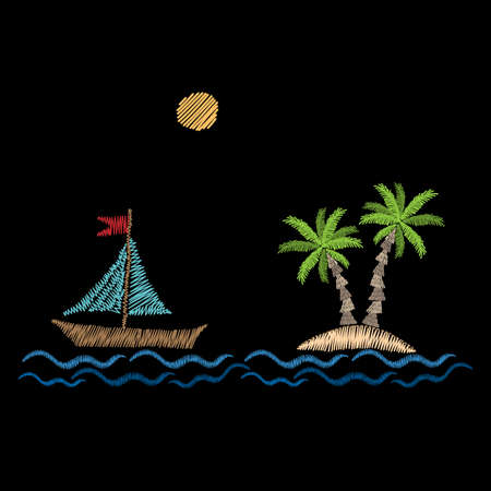 Palm tree with wave, boat and sun embroidery stitches imitation on black background. Embroidery vector illustration with exotic palm tree. Vector isolated palm embroidery illustration.のイラスト素材