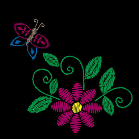 Colorful embroidery stitches imitation folk flower with butterfly and green leaf. Floral embroidery pattern on the black background. Vector embroidery template for printing on fabric, napkin and other design.のイラスト素材