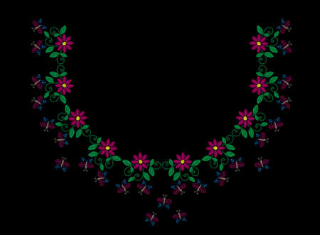 Embroidery stitches imitation fashion frame with folk flower, butterfly and leaf. Floral wreath on black background. Embroidery flower vector.のイラスト素材