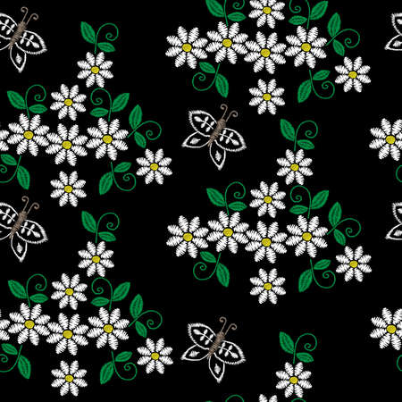 A seamless pattern with embroidery stitches imitation white flower, butterfly and green leaf. Floral embroidery pattern vector background for printing on fabric, paper for scrapbook, gift wrap and wallpapers.のイラスト素材
