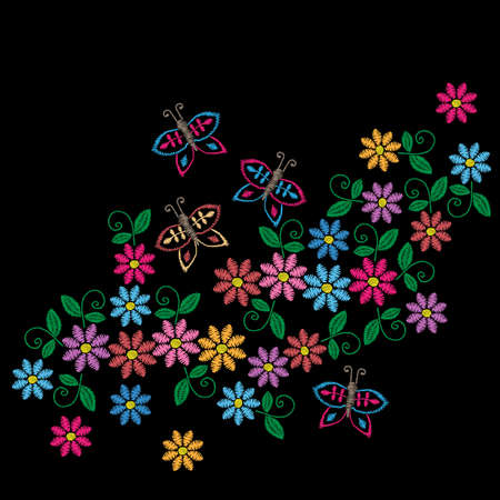 Embroidery stitches imitation colorful pattern with folk flower. Fashion embroidery on black background. Embroidery flower vector.のイラスト素材
