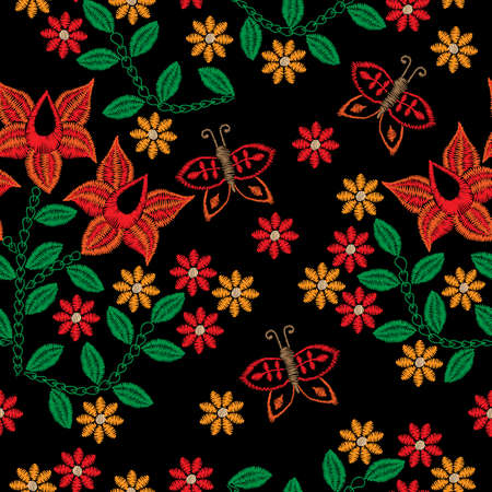 Seamless pattern with embroidery stitches imitation red flower and butterflyのイラスト素材