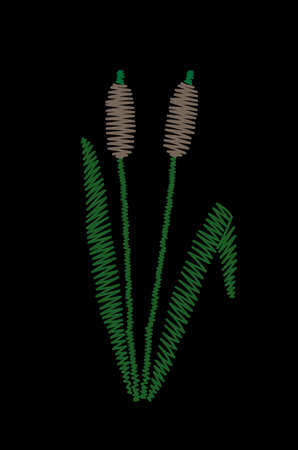 Rush and green leaf embroidery stitches imitation on black background. Shrub rush embroidery vector illustration. Vector isolated rush.のイラスト素材
