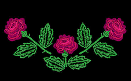 Embroidery stitches imitation neck line pattern with big roses. Fashion embroidery rose on black background. Embroidery flower vector.のイラスト素材