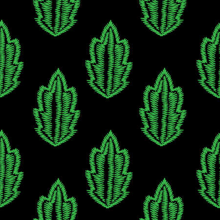 Embroidery stitches imitation seamless pattern with green leaf. Embroidery seamless pattern for printing on fabric, paper for scrapbook, gift wrap and wallpapers.のイラスト素材