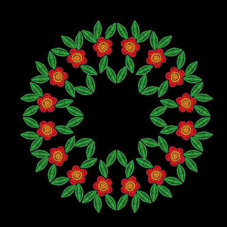 Embroidery stitches imitation round frame pattern with folk flower. Fashion embroidery on black background. Embroidery flower vector.のイラスト素材