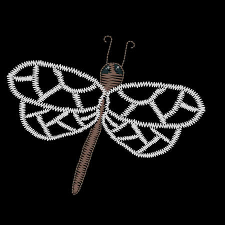 Embroidery stitches imitation dragon fly isolated on the black background. Fashion embroidery insect. Embroidery dragon fly vector.のイラスト素材