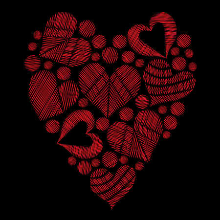 Set red heart embroidery stitches imitation in the heart form on the black background. Vector embroidery love symbol for card, invitation, posters, texture backgrounds, placards, banners.のイラスト素材