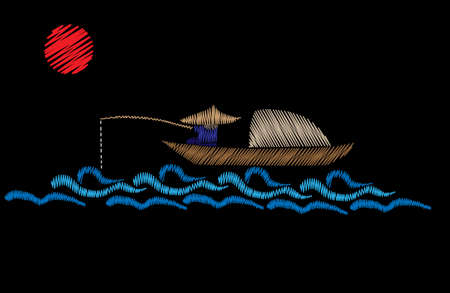 A fisherman is in a boat fishes with red sun embroidery stitches imitation on the black background. Fisherman embroidery vector illustration. Vector isolated embroidery boat fishes.のイラスト素材