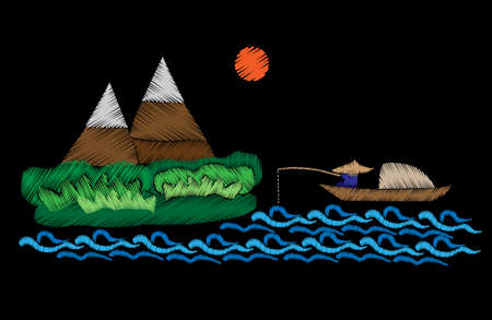 Mountains and fisherman is in a boat fishes with sun embroidery stitches imitation. Mountain landscape with fisherman embroidery vector illustration.のイラスト素材