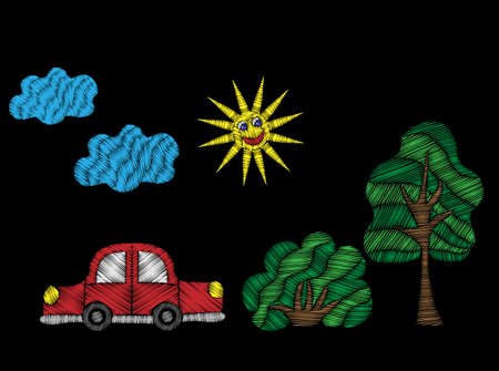 Tree and bush with red car and sun embroidery stitches imitation. Fashion embroidery patch transport on black background. Embroidery tree and bush with car vector.のイラスト素材