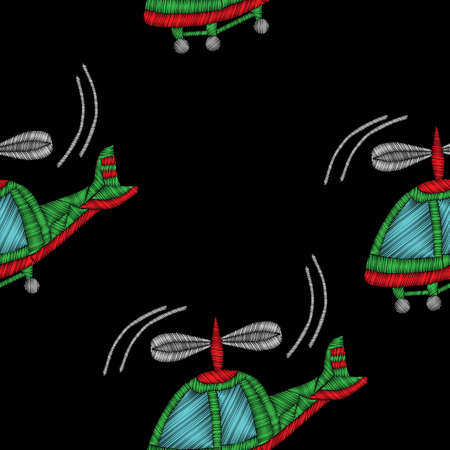 Embroidery stitches imitation seamless pattern with helicopter. Vector embroidery traditional helicopter on black background.のイラスト素材
