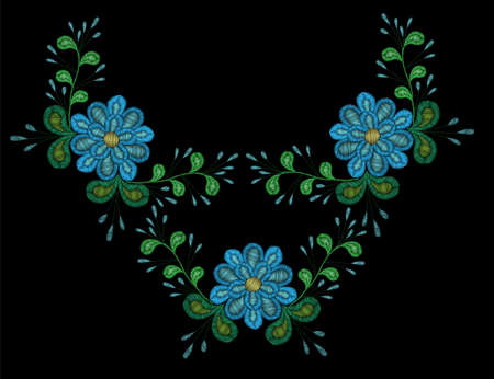 Embroidery stitches imitation ethnic floral pattern with flower and leaf. Vector embroidery traditional folk flowers ornament on black background.のイラスト素材