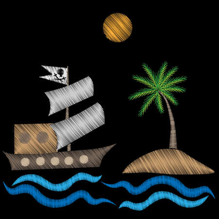 Pirate big ship with palm tree embroidery stitches imitation on black background. Embroidery vector illustration with pirates boat and exotic palm tree.のイラスト素材