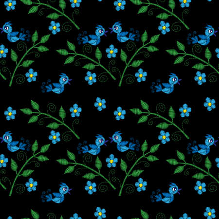 Seamless pattern with little blue bird on the brunch with flower embroidery stitches imitation. Template for fabric, textile, patch or print. Fashion bird and flower embroidery.のイラスト素材