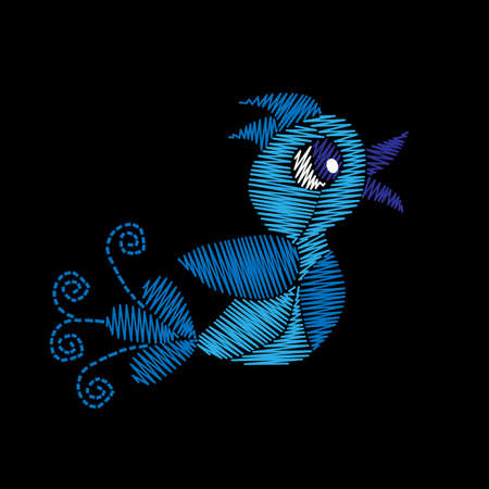Blue bird isolated embroidery stitches imitation. Template for fabric, textile, patch or print. Fashion bird embroidery. Vector embroidery on black background.のイラスト素材