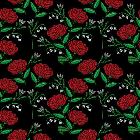 Pattern with little red rose and lily of the valley embroidery stitches imitation.のイラスト素材