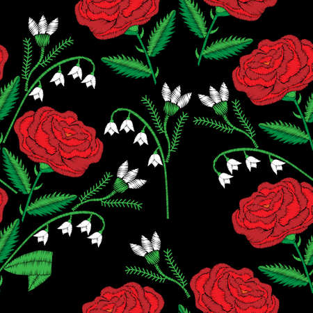 Pattern with little red rose and lily of the valley embroidery stitches imitation.のイラスト素材