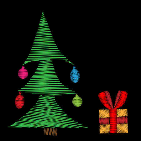 Christmas tree with gift embroidery stitches imitation on the black illustration.のイラスト素材