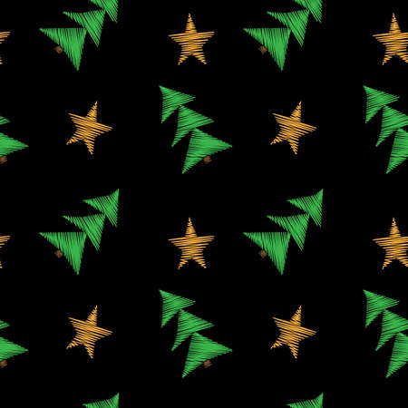 Pattern with little green tree and star embroidery stitch imitationのイラスト素材