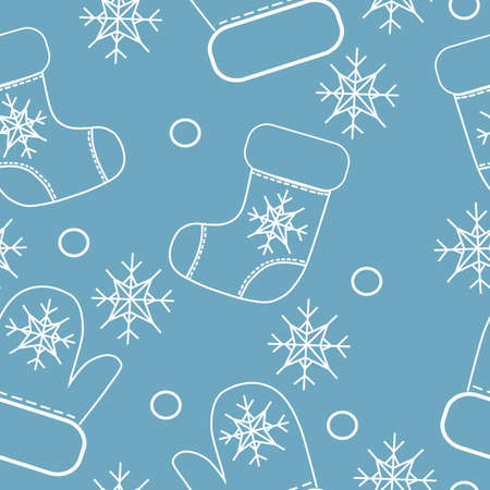 Seamless pattern with white line mitten, snowflake and sock on the blue background. Winter holiday background. Vector illustration.のイラスト素材