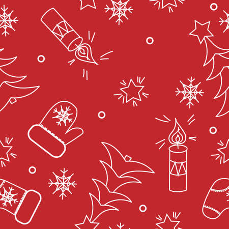Seamless pattern with white line mitten, snowflake, candle, star and sock. Winter holiday background. Vector illustration.のイラスト素材