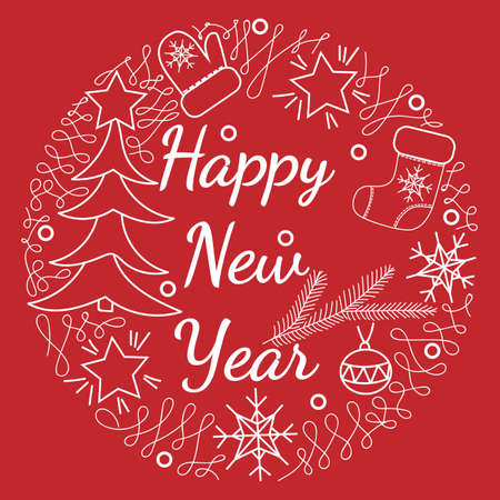 Happy New Year text in the round frame with mitten, sock, tree and ball. New Year greeting card on the red background. Holiday vector.のイラスト素材