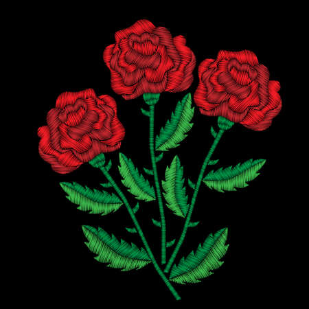 Embroidery stitches imitation red roses. Fashion embroidery rose flower on black background. Embroidery big roses vector.のイラスト素材