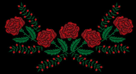 Embroidery colorful ethnic neck line floral pattern with red roses and berry. Vector  traditional folk flowers ornament on black background.のイラスト素材