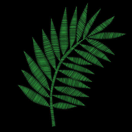Green palm leaf embroidery stitches imitation on the black background. Isolated palm tree leaf.のイラスト素材