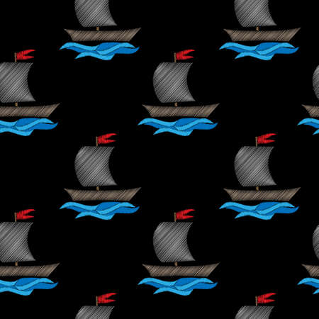 Seamless pattern with boat with blue wave embroidery stitches imitation on black background. Embroidery vector illustration with ship and water.のイラスト素材