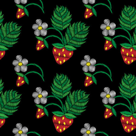 Seamless pattern with little strawberry and flower embroidery stitches imitation. Fashion strawberry embroidery on black background. Embroidery style strawberry.のイラスト素材