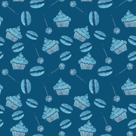 Watercolor seamless pattern with macaroons, cake and candy. Watercolor food background with dessert.の写真素材