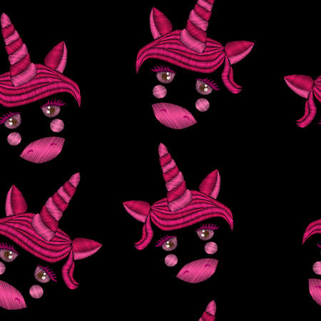 Seamless pattern with pink unicorn embroidery stitches imitation. Embroidery background with unicorn. Fancy animal.のイラスト素材