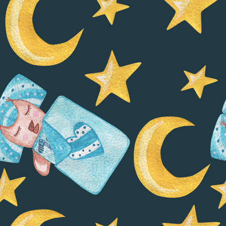 Seamless pattern with cute cartoon watercolor sleeping owl with night sky. Childish watercolor print for nursery, kids poster, wallpaper.の写真素材
