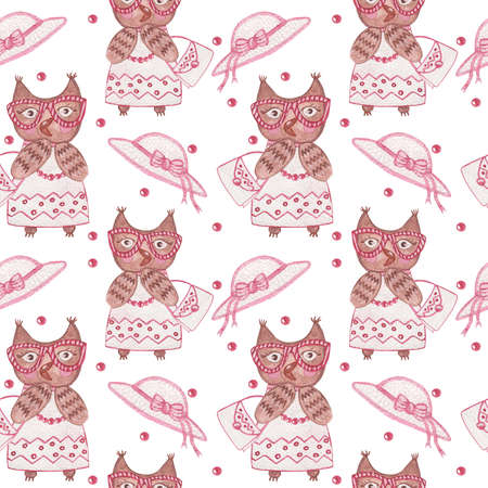 Seamless pattern with cute watercolor owl in dress isolated on the white background. Watercolor seamless background with cute characters bird.の写真素材