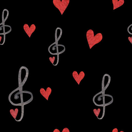 Red watercolor clef and heart seamless pattern. Love music watercolor seamless background.