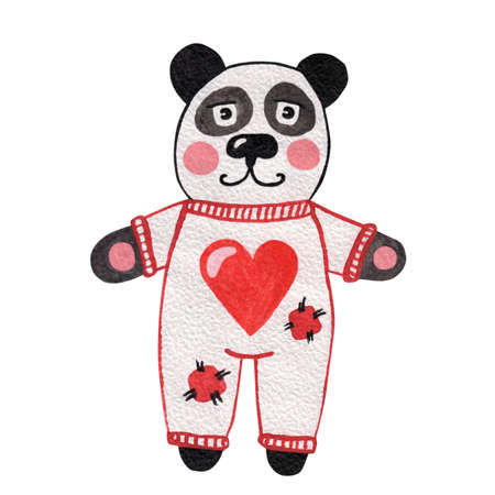 Panda hand painted watercolor illustration isolated on white background. Watercolor animal with heart. Vintage graphic for fabric, postcard, greeting card, bookの写真素材