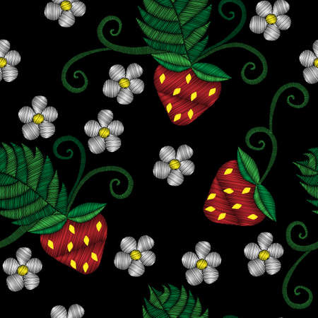Embroidery stitches imitation strawberry with flower ornament.のイラスト素材