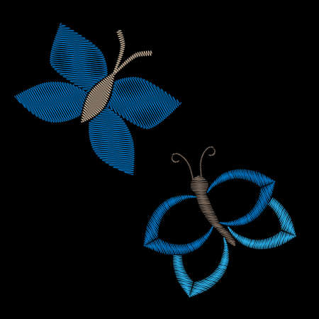 Embroidery stitches imitation butterfly patches on the black background. Stickers embroidery for textile design.のイラスト素材