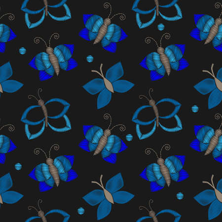 Embroidery stitches imitation seamless pattern with butterfly on the black background. Stickers embroidery for textile design.のイラスト素材