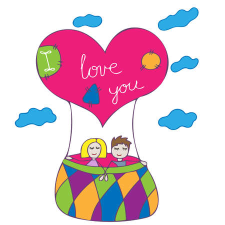 Love couple fly up on the air balloon vector illustration. Love couple with joining hands fly up on the air balloon. Love card vector.のイラスト素材